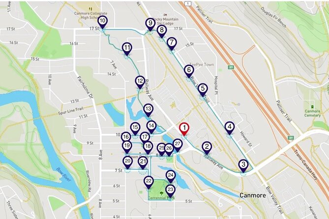 The Sights of Canmore: a Smartphone Audio Walking Tour - Railway tracks, red phone boxes, and bear sculptures